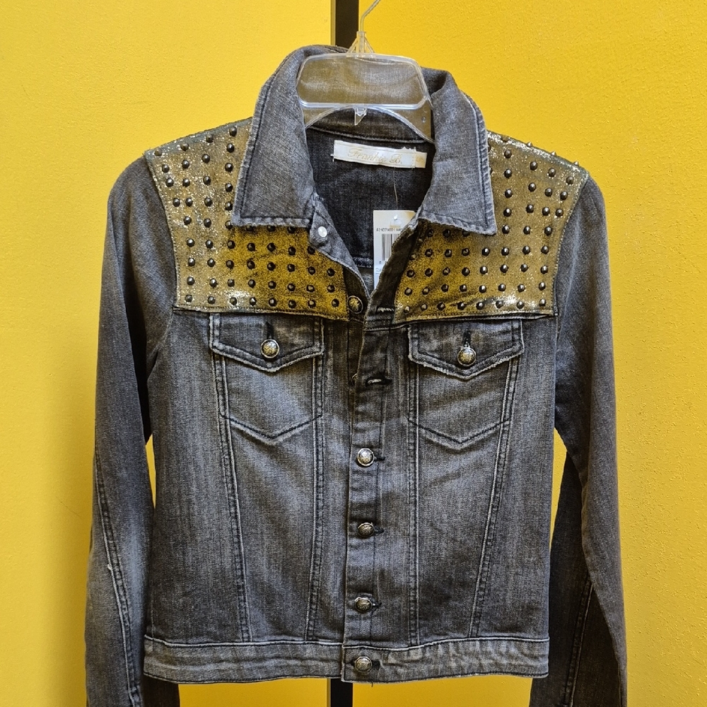 Frankie B. Gray Denim Jacket with Gold Studs
